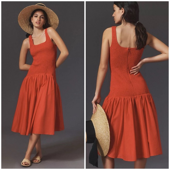 Anthropologie Dresses & Skirts - Hutch • Smocked Drop Waist Red Sleeveless Midi Dress Sz Medium Cocktail Party